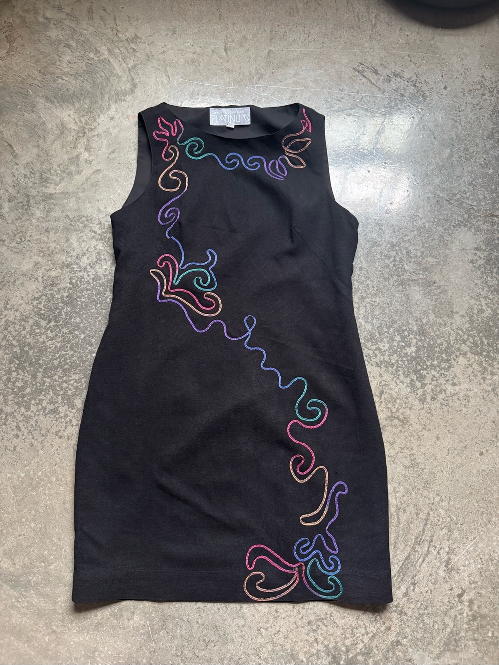 Dorothy Schoelen Black Sleeveless Embroidered Sheath Dress w/ Multicolor, Size 8